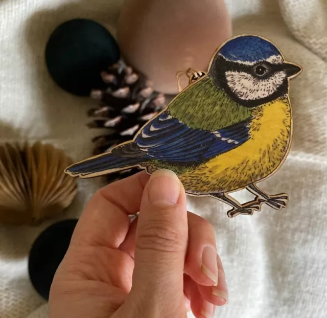 Wooden Blue Tit Hanging Decoration, Garden Bird, Hand Made In UK