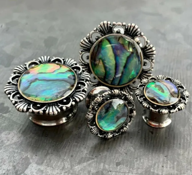 PAIR Abalone Antique Silver Flower Double Flare Tunnels Plugs Earlets Gauges