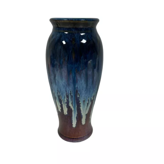 Bill Campbell Studio Art Pottery Lotus Vase Blue Purple Drip Glaze 9” Signed