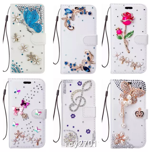 Fancy Bling Rhinestone Wallet Flip Leather Case Cover for Women With 2 Lanyards