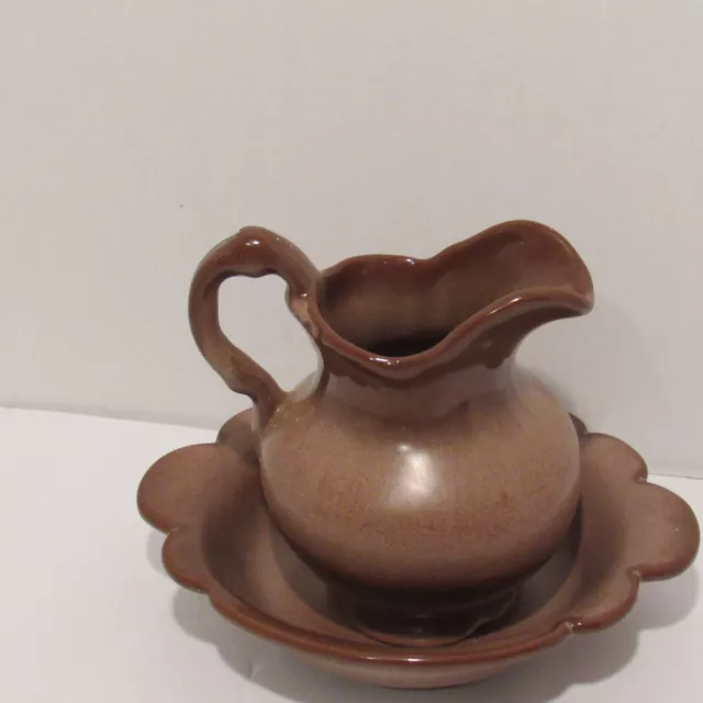 Frankoma Pottery, Vtg Brown Glazed Rim Pitcher 30A, w/Scalloped Bowl 30B``