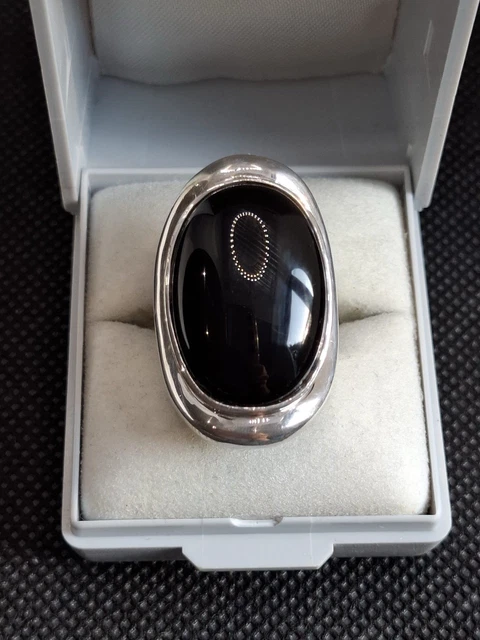Bague Ancienne En Argent Massif 925 - Jonc Dôme Avec Onyx - Taille 53