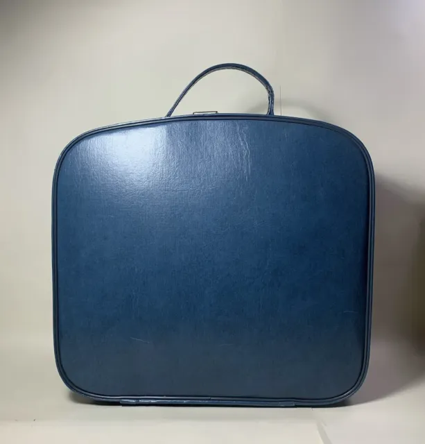 Vintage 1960s Vanity Case Mid Blue Faux Leather With Red Moir Lining & Pocket