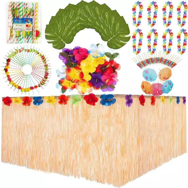 Hawaiian Luau Tiki Set Table Skirt Fruit Straws Flowers Leis Summer Party Decor