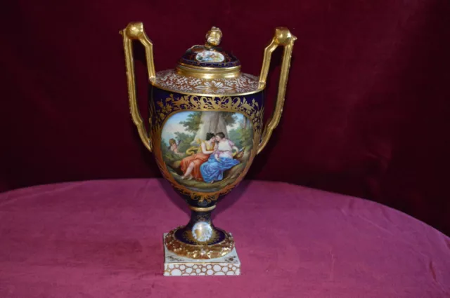 Antique High Quality Dresden Hand painted Twin Handled Pedestal Urn Vase  A/F