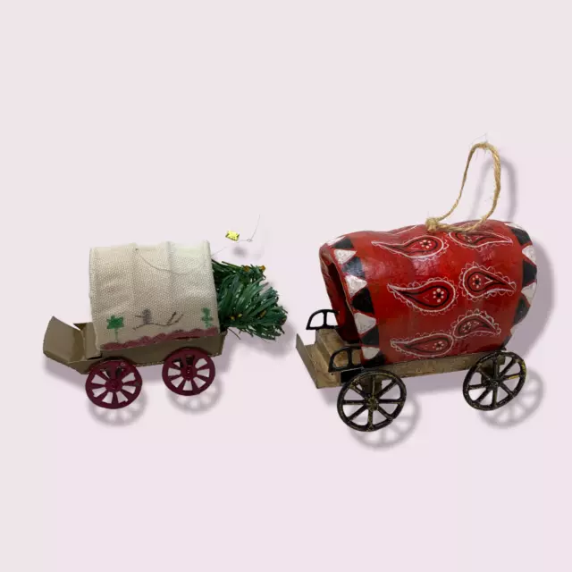 Lot 2 x  COVERED WAGON Christmas Ornaments Western Cowboy Large Size Wheels Turn