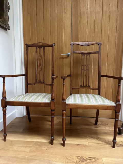 A pair of Antique Upholstered High Back Bedroom Hallway Side Chairs