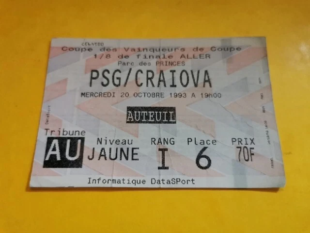 Ticket De Match Original PSG / Craiova - Ligue Des Champions - 20 Octobre 1993