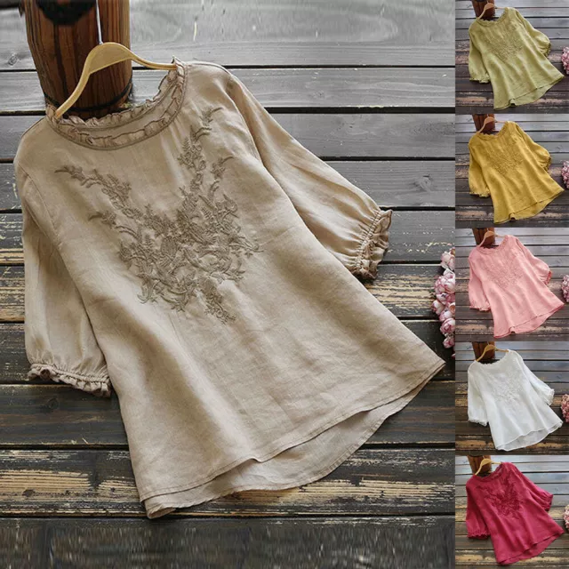 Women Ruffle Neck Wrist Floral Embroidered Tops Casual Cotton Linen T-Shirt 2