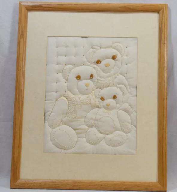 Teddy Bear Quilt Completed Cross Stitch Embroidered Framed Wall Art  21.5x17.25"