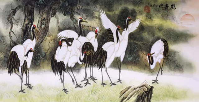 STUNNING ORIGINAL ASIAN FAMOUS FINE ART CHINESE WATERCOLOR PAINTING-Crane birds