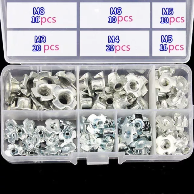 80Pcs Four Claws Nut M3-M8 Zinc Plated Speaker T Nut Blind Pronged Furniture Nut