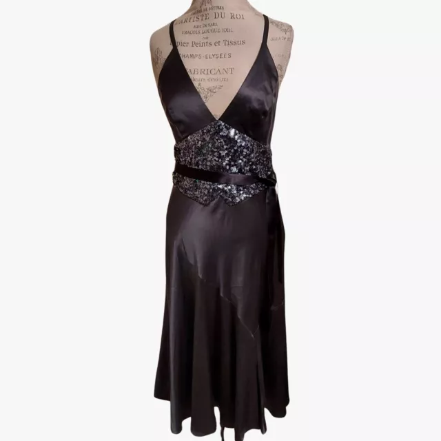 NWT BCBG MAXAZRIA Silk Satin Dk Gray Sequin Backless Dress SIZE 12 MSRP $368.00