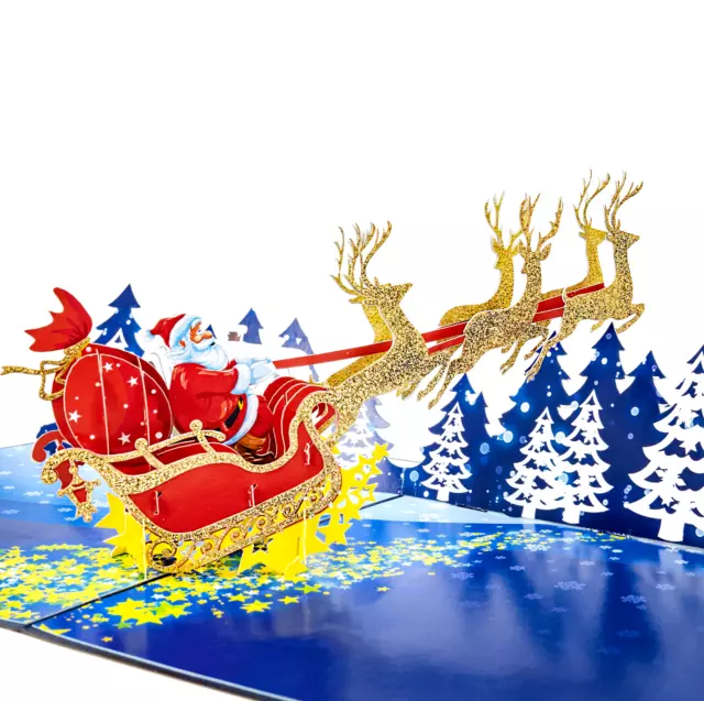 LIMAH® Pop UP Weihnachtskarte - 3D Karte zu Weihnachten- Santa im Schlitten