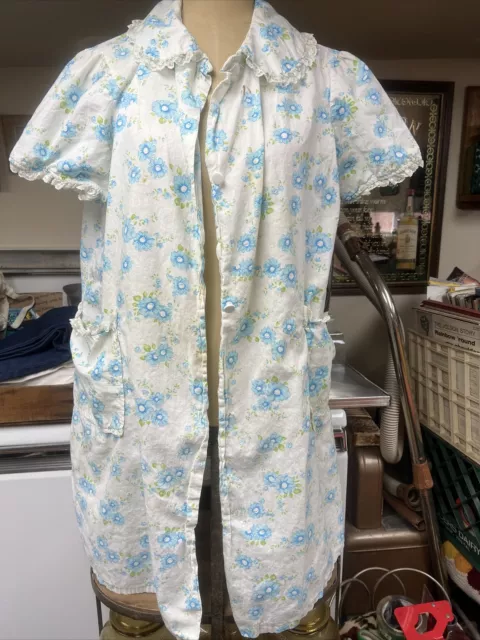 Vintage Blue Floral Housecoat, House Dress, Made In Usa, Large