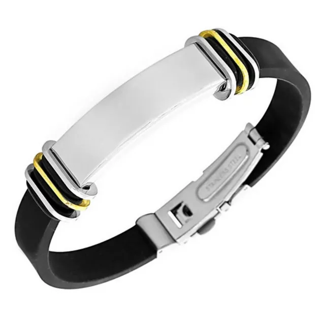 EDFORCE Stainless Steel Black Rubber Yellow Gold Silver-Tone Mens Bracelet