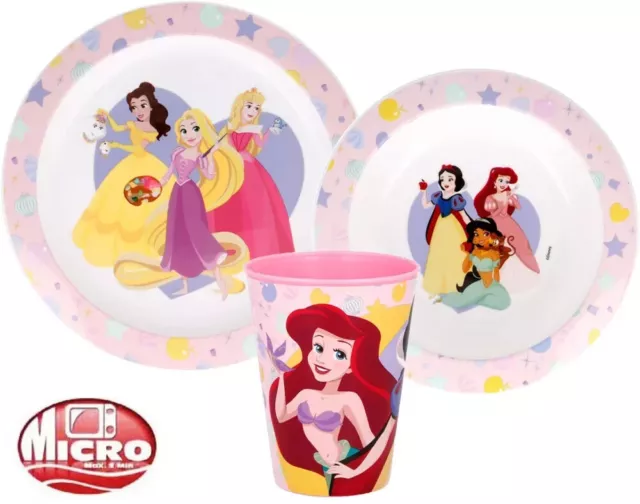 Disney Princess Plastic 3 Pc Breakfast Dinner Set Plate Bowl Cup