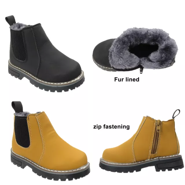 Kids Ankle Boots Boys Girls Winter Warm Snow Boots Chelsea Fur Lined Zip Shoes