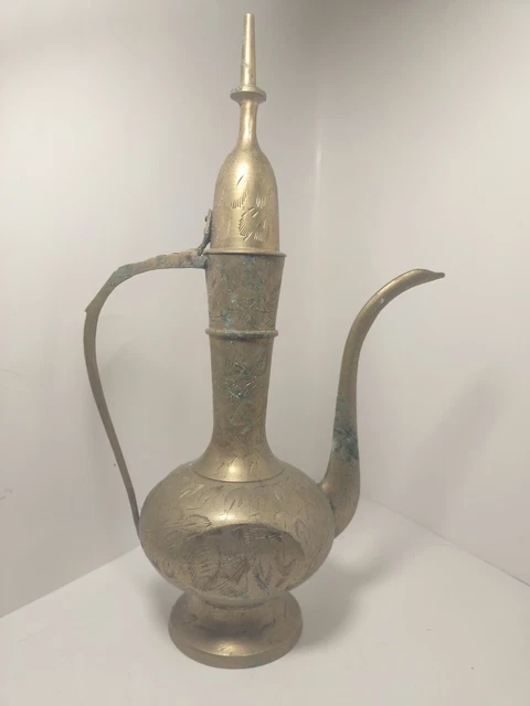 Vintage Ornate Etched Solid Brass Teapot Genie Lamp Pitcher India Hand Made 10in