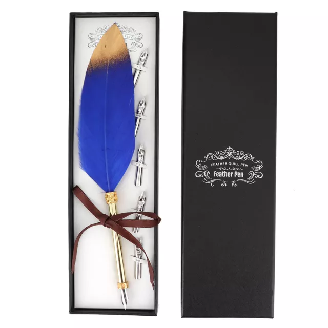 (Blue)Retro Classical Style Feather Pen Kit Metal Calligraphic Pen Gift Box AU