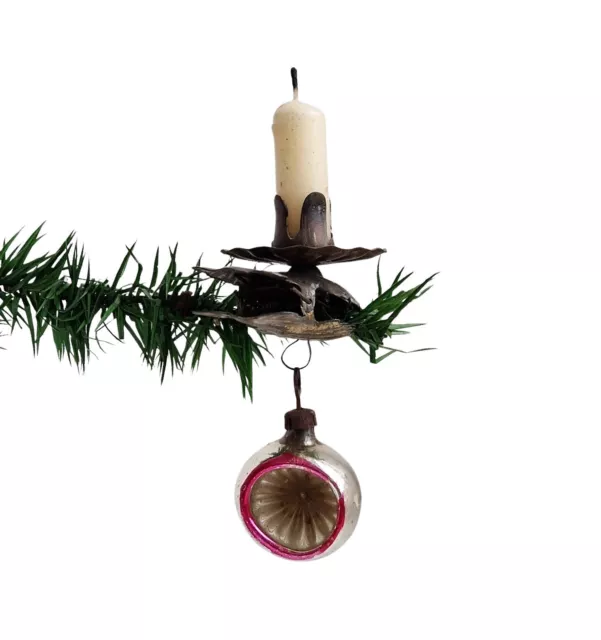 Alter Christbaumschmuck -  Kerzenhalter mit kleiner Reflexkugel  (# 17341)