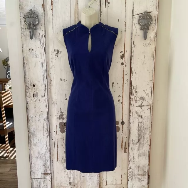 Elie Tahari Size 12 Woman's Navy Blue Sleeveless Sheath Beaded Career Dress