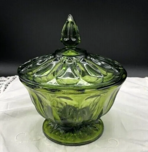 Vintage Anchor Hocking Fairfield Green Glass Lidded Pedestal Candy Dish