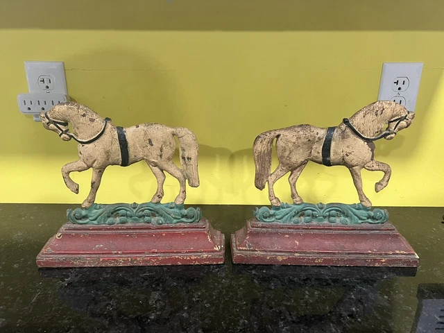 Antique Pair of 19th Century Victorian Cast Iron Horse Door Stops (Z2)