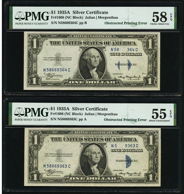 TWO Consecutive ERRORS $1 1935A Silver Certificates, Obstructed Printing PMG EPQ
