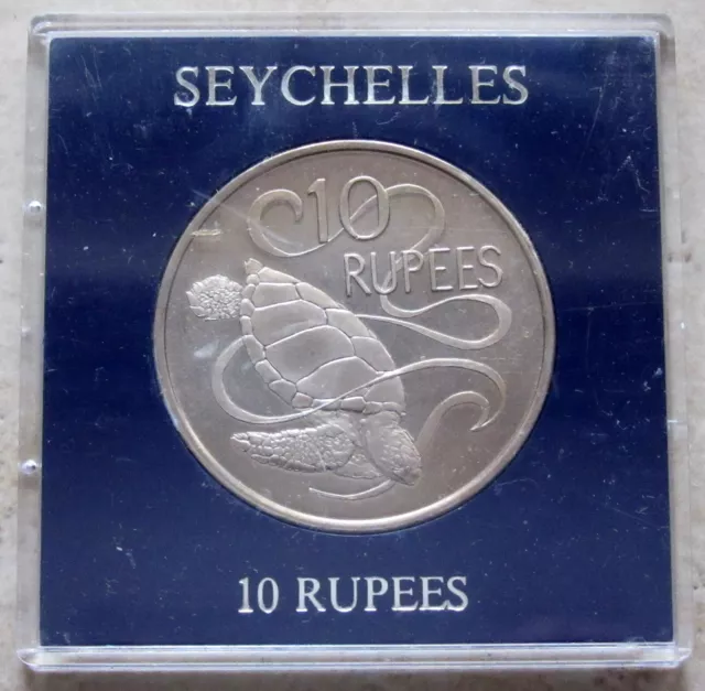 SEYCHELLES ELIZABETH II 1974 10 RUPEES, GREEN SEA TURTLE, Cu-Ni UNC ORIGINAL BOX