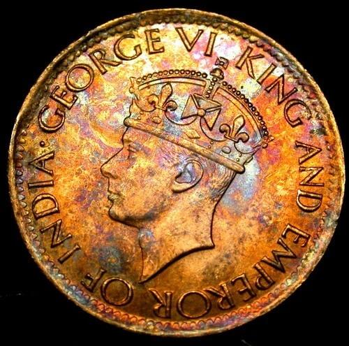 1945 Ceylon 1C *** Psychedelic Penny**  Insane Tone**