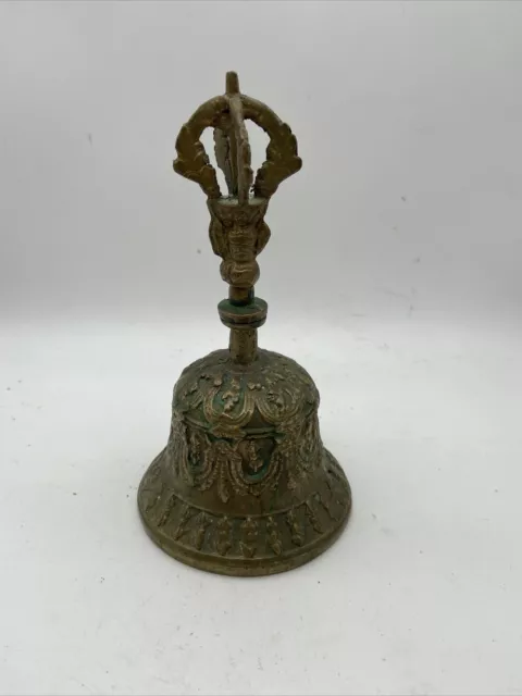 Vintage Heavy Ornate Decorative Brass Bell With Crown On Handle 3