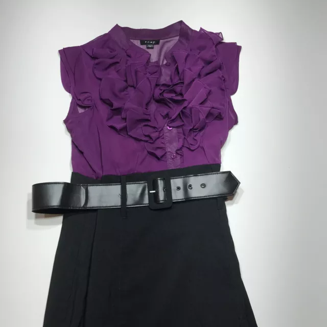 Snap Dress Womens Size XL Purple Black Ruffled Bodice Belted Sheath Lined