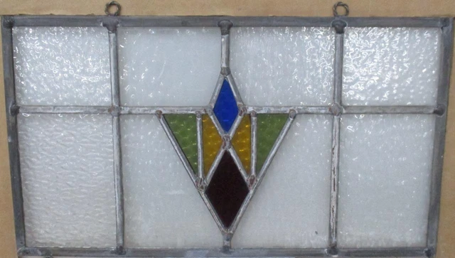 OLD ENGLISH LEADED STAINED GLASS WINDOW Unframed w Hooks Simple Geo 17" x 10"