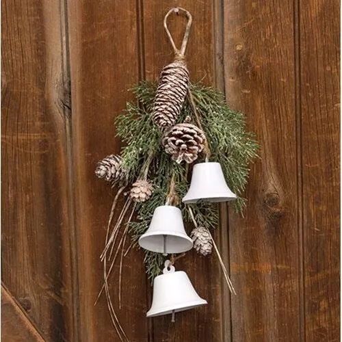 New Farmhouse Christmas CEDAR BIRCH BELLS TEARDROP SWAG Bush Primitive Pinecone