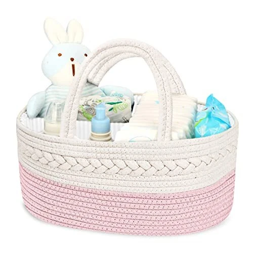 Diaper Caddy for Baby Girl-Cotton Rope Diaper Caddy, Diaper Organizer for Cha...