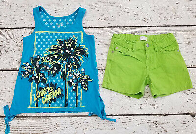 JUSTICE Girls Teal Blue Green Palm Tree Tank Top and Green Denim Shorts 8 10