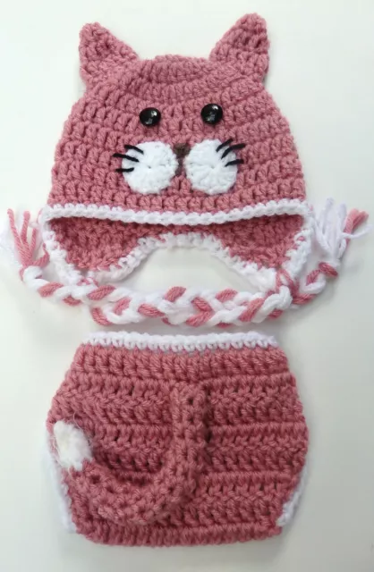 BABY HAT CAT DIAPER COVER SET CROCHET knit infant toddler beanie photo prop 3