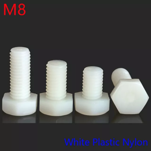 M8 x 1.25 8mm DIN 933 White Plastic Nylon Hexagon Head Cap Set Screws / BOLT