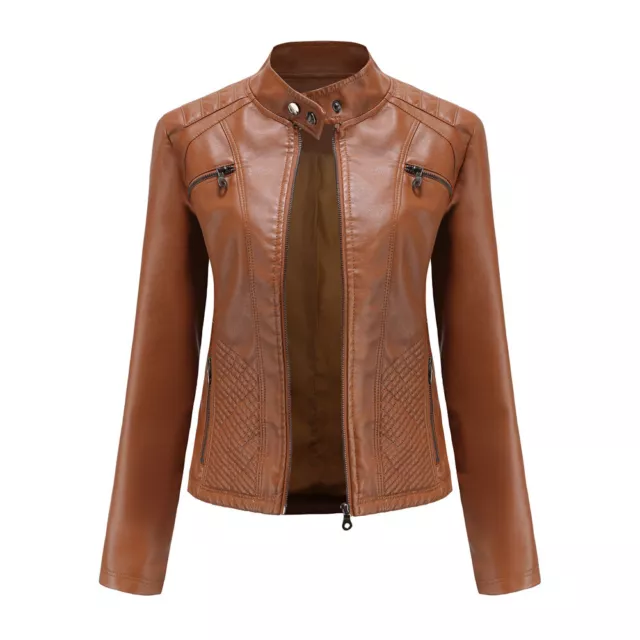 Women's Casual Leather Jackets with Standing Collar Zipper Slim Fit Short Jacket