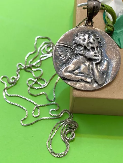 30” Art Nouveau Cherub Angel Medallion Sterling Silver 925 Pendant Necklace 15g