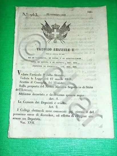 Decreti Regno Sardegna Torino Scioglimento Camera dei Deputati 1849