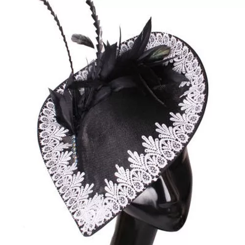 Brand New Large Black & White Sinamay Fascinator, Feathers, Lace, Spring Racing