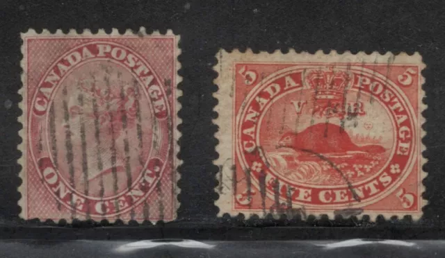 Canada UN #14 & #15 First Cents 1c Rose QV, & 5c Beaver, Sound, Grid Cancels.