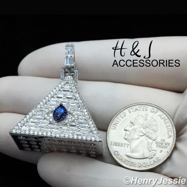 Men Solid 925 Sterling Silver Icy Bling Cz Blue Eye 3D Pyramid Pendant*Asp312