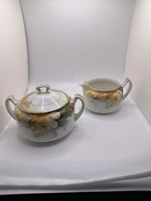Vintage Nippon Japan Hand Painted Creamer and Sugar with Lid Roses SET