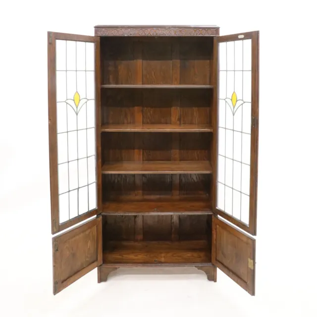 Arts & Crafts Oak Bookcase 3 Adjustable Shelves Stained Glass FREE UK Delivery*