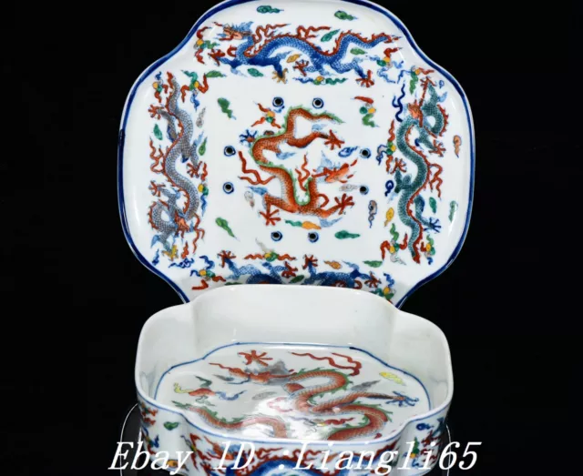 8.6" Xuande Dynastie Wu Cai Porzellan Fengshui Dragon Beast Teller Dish Table
