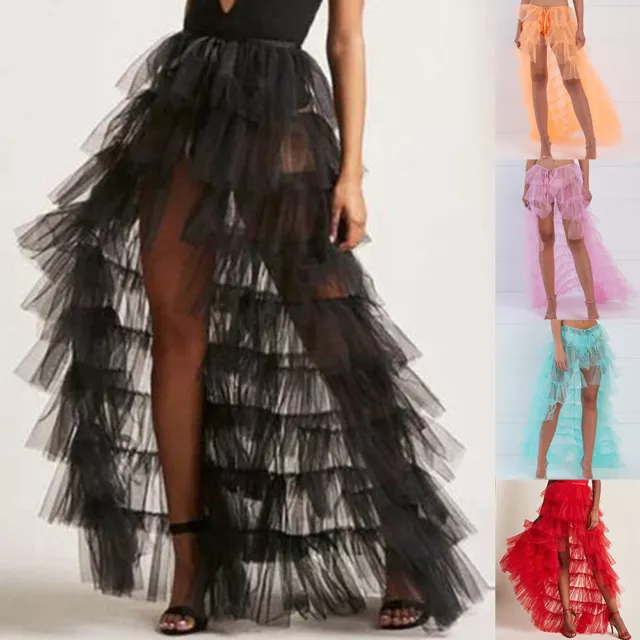 Womens Mesh Sheer Skirt Tulle Tutu Pleated Party Beach Cover Up Maxi Long Dress