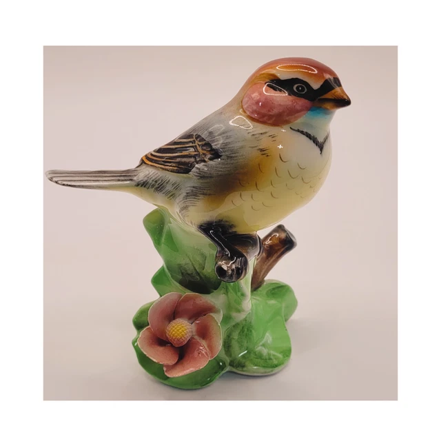 Vintage Porcelain Sparrow Pink Yellow Blue Figurine 1950s Hand Painted Japan